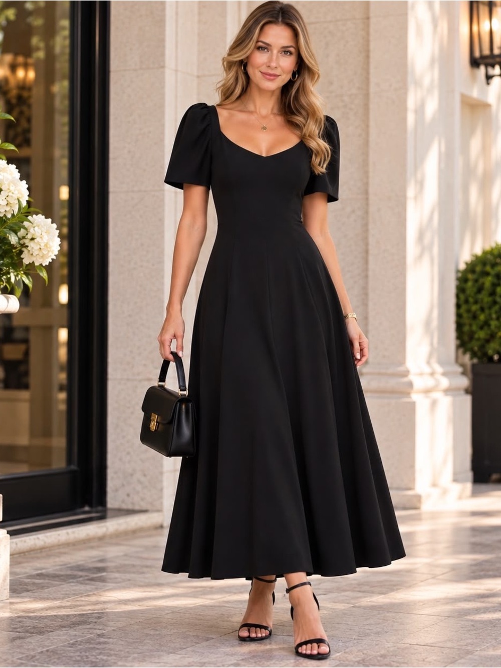Anne Klein Collection Black Maxi Dress Puff Sleeve Made in USA Size 6